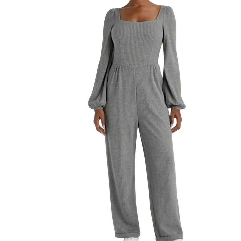 Halara Gray Ribbed Knit Balloon Sleeve Cuffed Hem Side Pocket Jumpsuit Sz Small